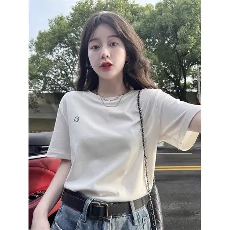 2024年新款圆领大版宽松短款t恤女学生薄款时尚百搭显瘦纯棉上衣图片