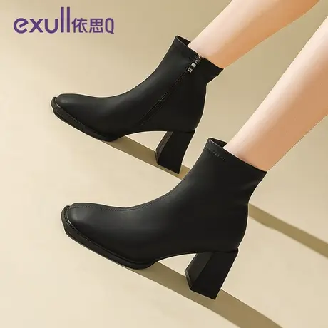 依思q高跟短靴女秋冬2023新款加绒女鞋方头瘦瘦靴英伦马丁女靴子商品大图