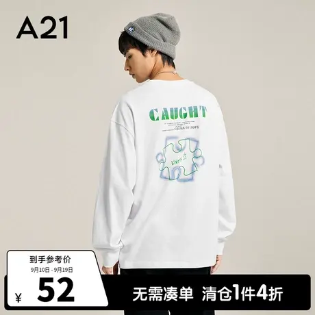 A21outlets男装宽松圆领落肩长袖T恤秋款潮牌男士休闲上衣纯棉男商品大图