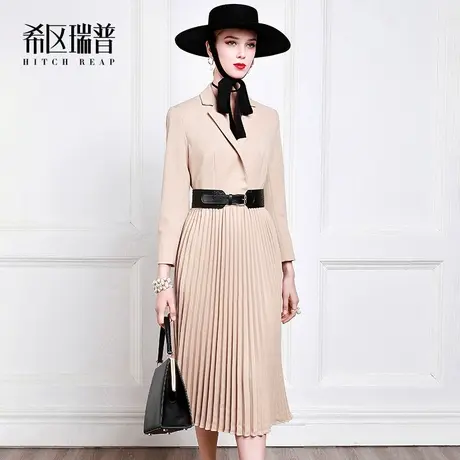 希区瑞普高端西装百褶连衣裙女宴会礼服名媛气质驼色秋冬新款欧美图片