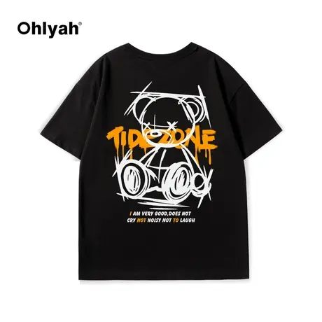 Ohlyah黑色小熊中长款纯棉短袖t恤女2023年夏季新款中性宽松上衣商品大图
