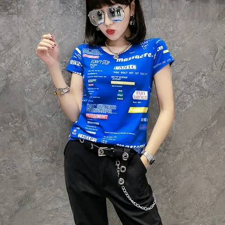 2023新款时尚印花T恤女短袖春夏修身显瘦上衣纯棉丅恤女装欧货潮商品大图