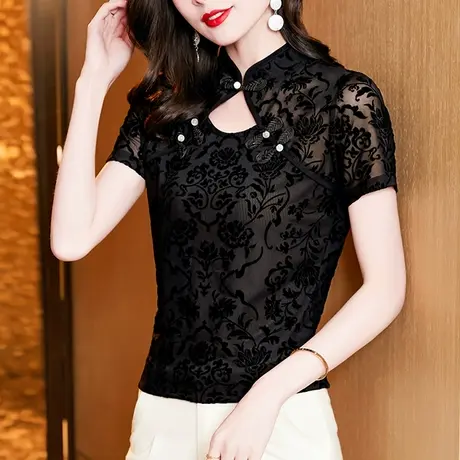 黑色网纱上衣女短袖2023夏季新款性感镂空小衫复古盘扣立领T恤ins商品大图