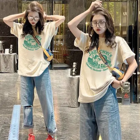 夏装宽松短袖T恤女纯棉复古爆款美式上衣短袖体恤大版休闲百搭ins商品大图