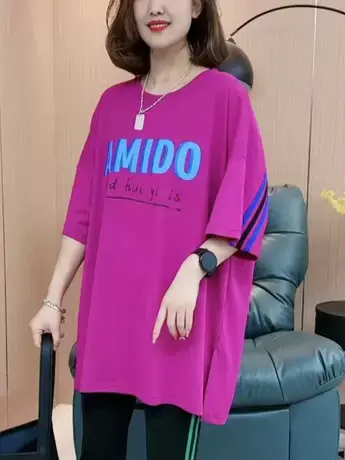 欧式大版2023夏季新款背后条纹显瘦字母短袖T恤时尚宽松休闲潮款商品大图