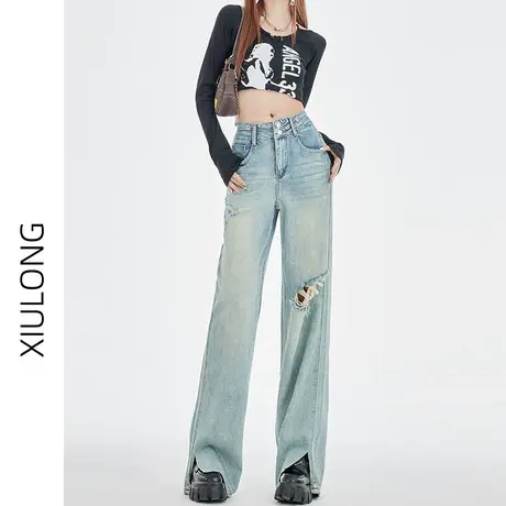 复古破洞直筒牛仔裤女春秋季2023年新款显瘦宽松梨型窄版阔腿裤子商品大图