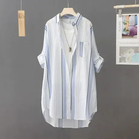 韩版条纹长袖衬衫女夏季新款薄款外套衬衣中长款休闲防晒衫防晒服图片