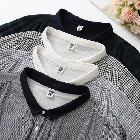 复古文艺小清新翻领双层棉纱长袖黑白格子衬衫女春秋宽松百搭衬衣图片