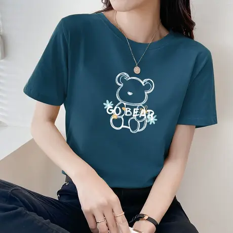 短袖t恤女圆领宽松小熊上衣2022年新款夏季纯棉鸡心领蓝色t桖上衣图片