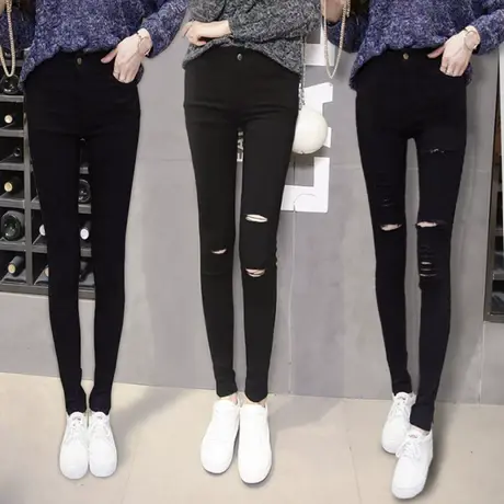 打底裤女外穿薄款2023秋季新款韩版百搭高腰紧身黑裤子破洞小脚裤商品大图