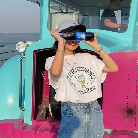 红续原创小众设计感盐系温柔慵懒风宽松百搭新款纯棉短袖T恤女ins图片