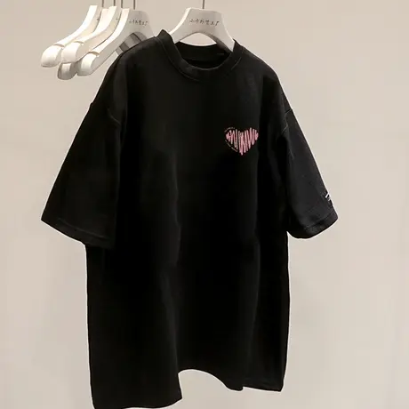 美式街头复古黑色仿棉短袖t恤女夏季2023新款欧美潮牌女装上衣服商品大图