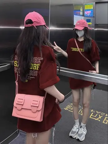 酒红色纯棉短袖t恤女夏季港味chic美式复古宽松设计感小众ins上衣商品大图