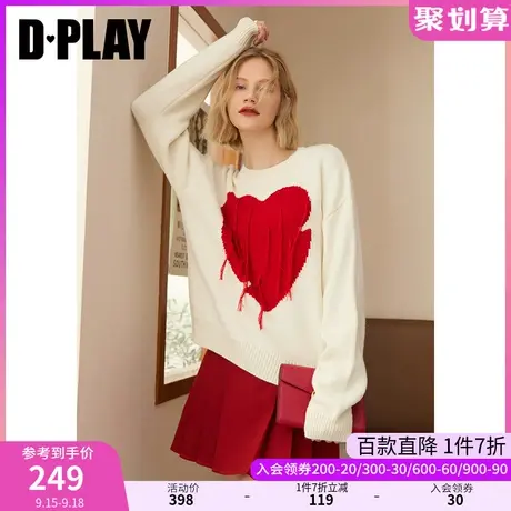 DPLAY秋装新INS风时尚落肩撞色爱心提花毛衫宽松短款针织衫图片