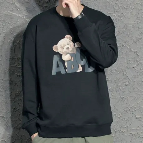 奕飏黑色圆领印花卫衣男2022年春季新款潮休闲简约基础百搭套头衫商品大图