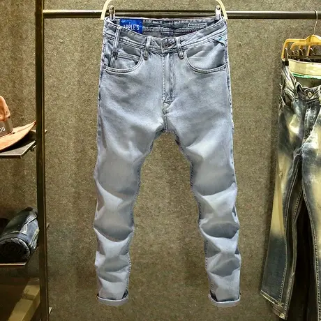 浅蓝色ins潮牌牛仔裤男修身弹力小脚裤简约时尚休闲裤子春季新款商品大图