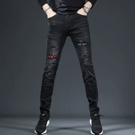 秋冬黑色破洞牛仔裤男修身小脚高端潮牌补丁潮流高街乞丐男士裤子商品大图