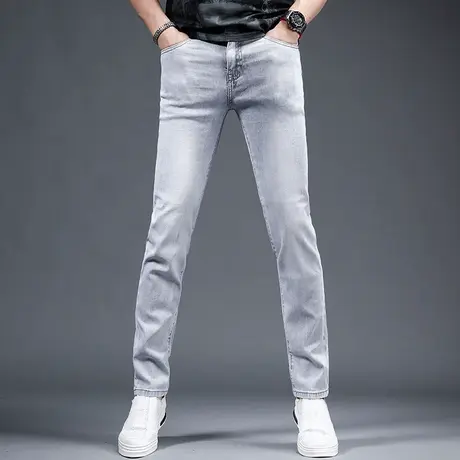 香港高端品质牛仔裤男款夏季薄款2023新款修身小脚浅灰色男士裤子商品大图