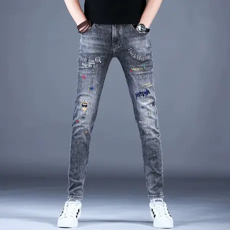男士烟灰色刺绣牛仔裤男款修身小脚弹力潮牌潮流新款裤子男秋款薄商品大图