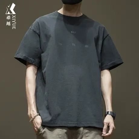 希越日系复古重磅280g洗水T恤男短袖小领口宽松大码休闲纯棉体恤商品大图