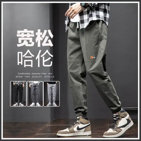 九分哈伦军绿色工装裤男士束脚宽松休闲裤子男裤秋季春秋冬款男装商品大图