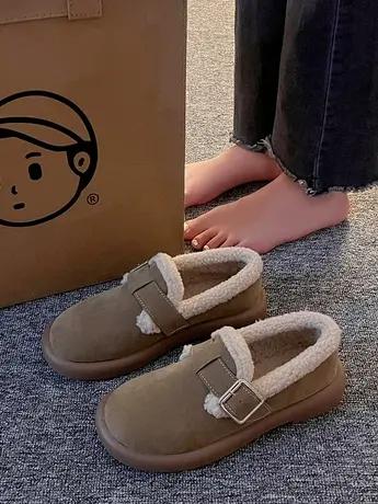 加绒勃肯鞋女2023秋冬新款一脚蹬豆豆鞋厚底乐福鞋保暖毛毛鞋单鞋商品大图