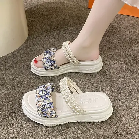 拖鞋女夏外穿ins仙女风厚底增高网红珍珠碎花配裙子时尚两穿凉鞋图片