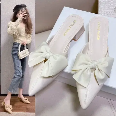 中跟鞋女2023春夏新款百搭懒人一脚蹬包头拖鞋尖头小香风蝴蝶结商品大图