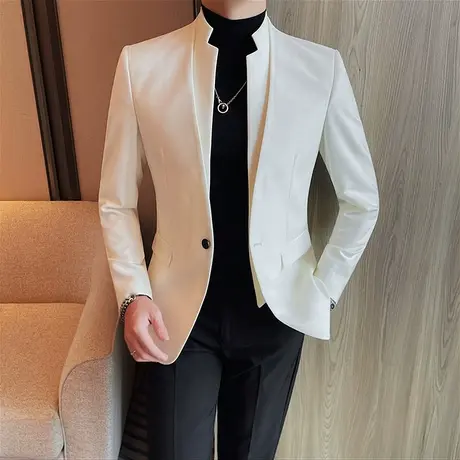 新中式国风白色西服男春秋外套假两件拼接立领设计中山装气质单西商品大图
