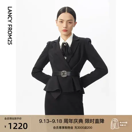 朗姿冬季新款女装黑色羊毛西装外套高定收腰优雅通勤上衣商场同款图片