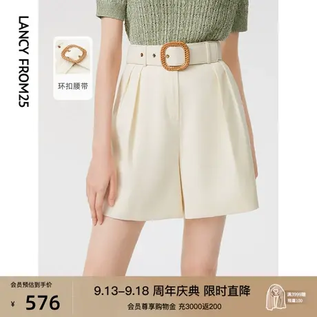 朗姿高级感米白色休闲裤2023春秋季新款高腰垂感直筒阔腿西装短裤商品大图