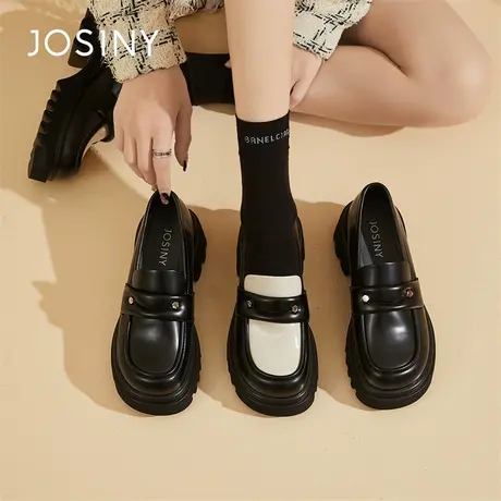 Josiny/卓诗尼厚底乐福鞋女2024春季新款英伦风小皮鞋黑白单鞋子商品大图