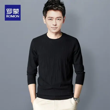 罗蒙男士圆领针织衫2023秋季新款修身百搭上衣纯色打底薄款毛衣男商品大图