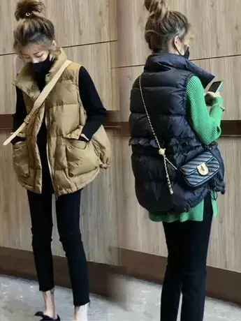 木耳边羽绒棉马甲大口袋保暖宽松2023秋冬新款显瘦百搭短款外套女商品大图