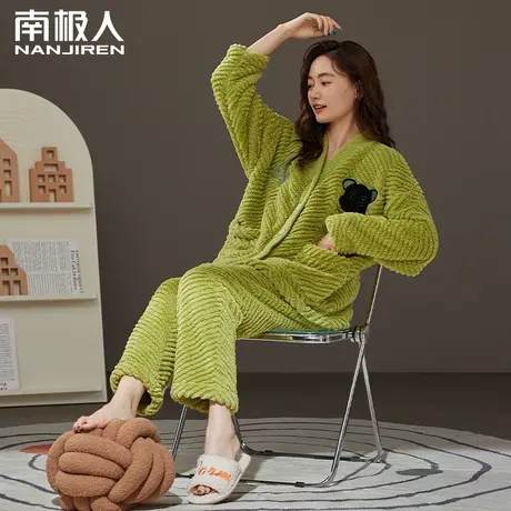 南极人睡衣女珊瑚绒加厚冬季开衫长袖2023新款加绒保暖家居服套装商品大图