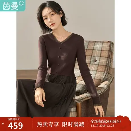 【商场同款】茵曼冬女装新款复古V领丝带拼接网纱长袖连衣裙商品大图