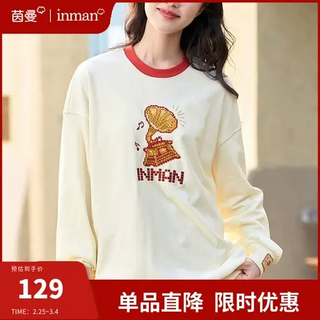 茵曼旗舰店复古慵懒港风卫衣女2024春季新款圆领宽松套头打底上衣图片