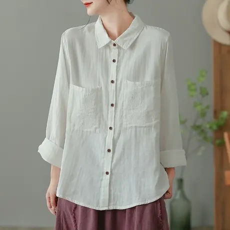 dza 复古纯棉白色长袖衬衫女士春秋休闲显瘦上衣宽松百搭口袋衬衣图片