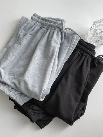 休闲裤2023年春秋新款女装韩版灰色束脚运动裤宽松高腰松紧长裤子图片