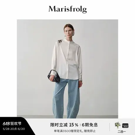 【艺术家灵感】玛丝菲尔秋时尚立领肩部花稿宽松缎面衬衫商品大图