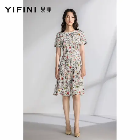 Yifini/易菲短袖一字领连衣裙女宽松通勤高腰印花裙夏季新款图片