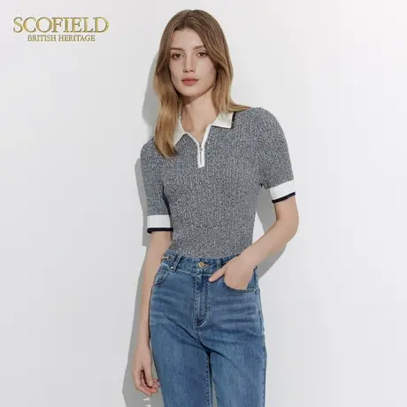 Scofield女装简约时尚针织衫撞色翻领短袖T恤夏季上衣商品大图