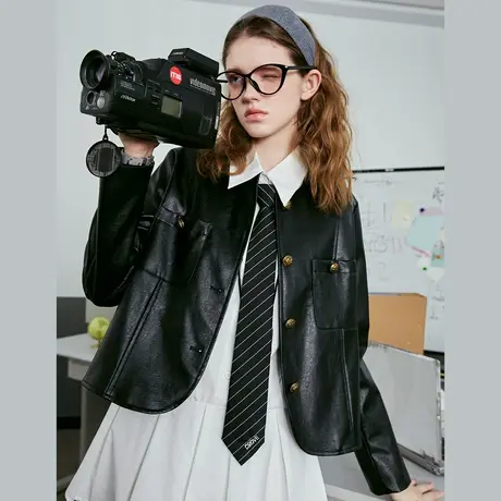a02法式复古修身黑金夹克机车服2025春季短款女式外套图片