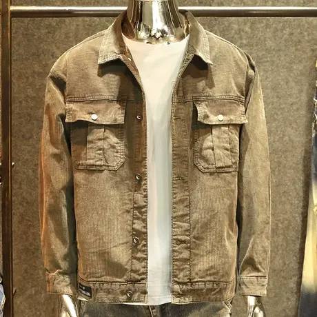 秋冬季厚款灯芯绒外套男重磅工装多口袋休闲翻领条绒夹克宽松大码商品大图