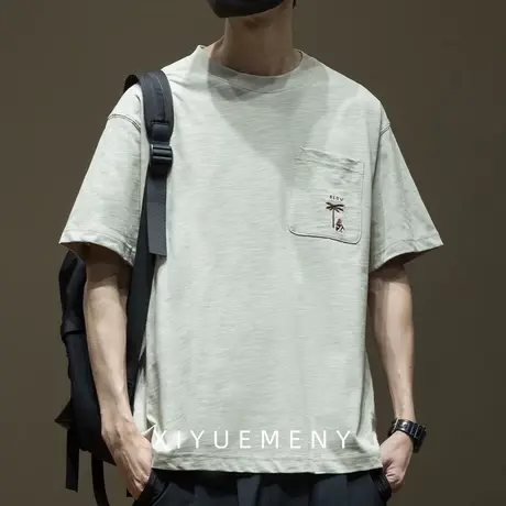 透气竹节棉短袖t恤男夏季新款宽松圆领刺绣半袖大码打底衫男女款商品大图