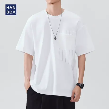 hansca 凉感冰皮白色短袖T恤男2025夏季宽松透气拼色胸袋休闲上衣商品大图