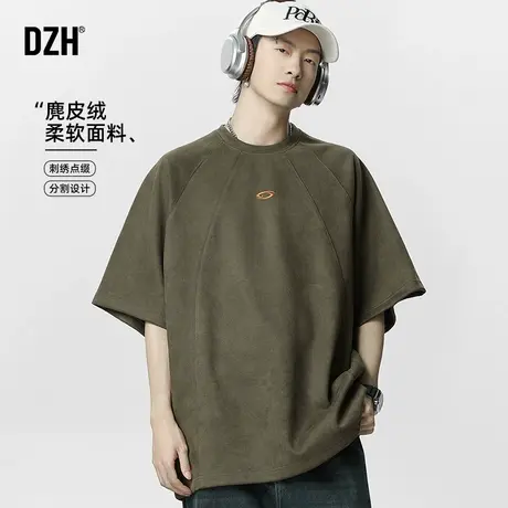男士麂皮绒t恤男夏季潮牌宽松圆领短袖男款美式2025新款体恤衫潮商品大图