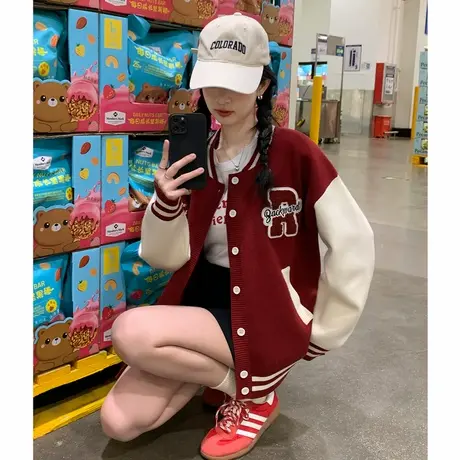 唐狮毛衣外套女美式复古春秋季新款棒球服开衫休闲冬季上衣图片