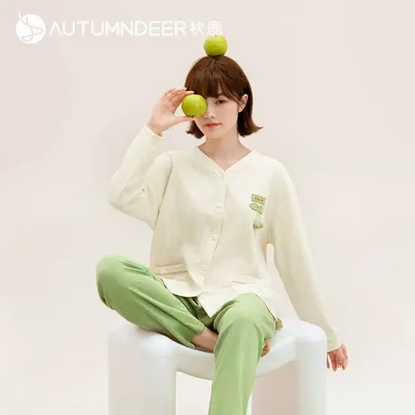 秋鹿女士睡衣春秋季2025新款针织棉开衫可爱少女风长袖家居服套装商品大图