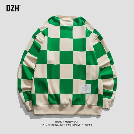 男生套头棋盘格卫衣男宽松圆领春秋款2023新款日系长袖上衣情侣装图片